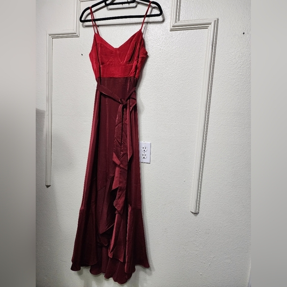 Lulus Double Darling Burgundy Color Block Satin Ruffled Maxi Dress S Wedding - Picture 7 of 12